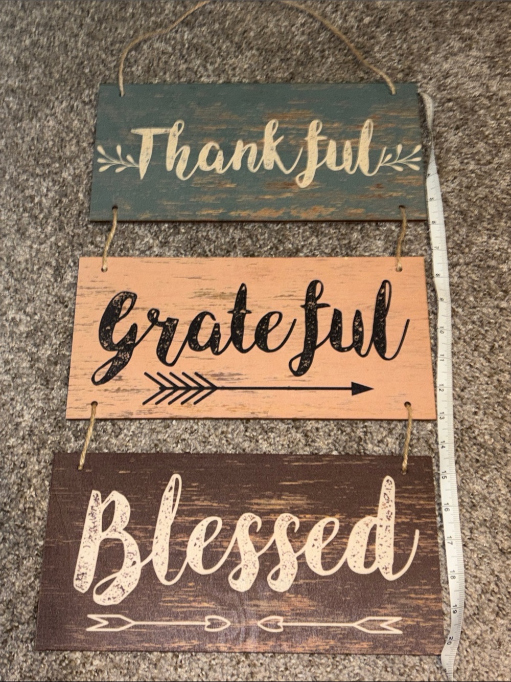 Thankful Grateful Blessed Wall Hanging - Rustic Green, Tan & Brown Décor 12x21in
